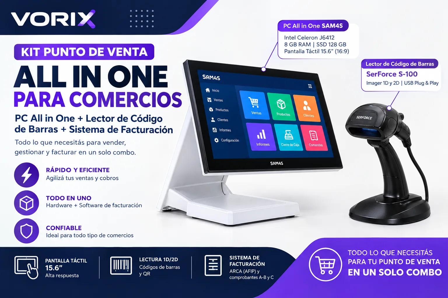 Kit Punto de Venta para Comercios: All In One Intel Celeron 15.6 + Lector USB + Sistema de Facturación