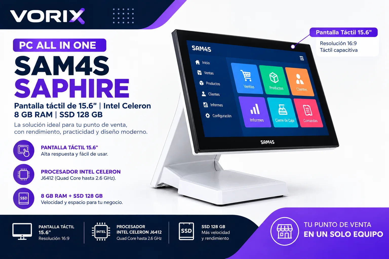 Kit Punto de Venta para Comercios: All In One Intel Celeron 15.6 + Lector USB + Sistema de Facturación