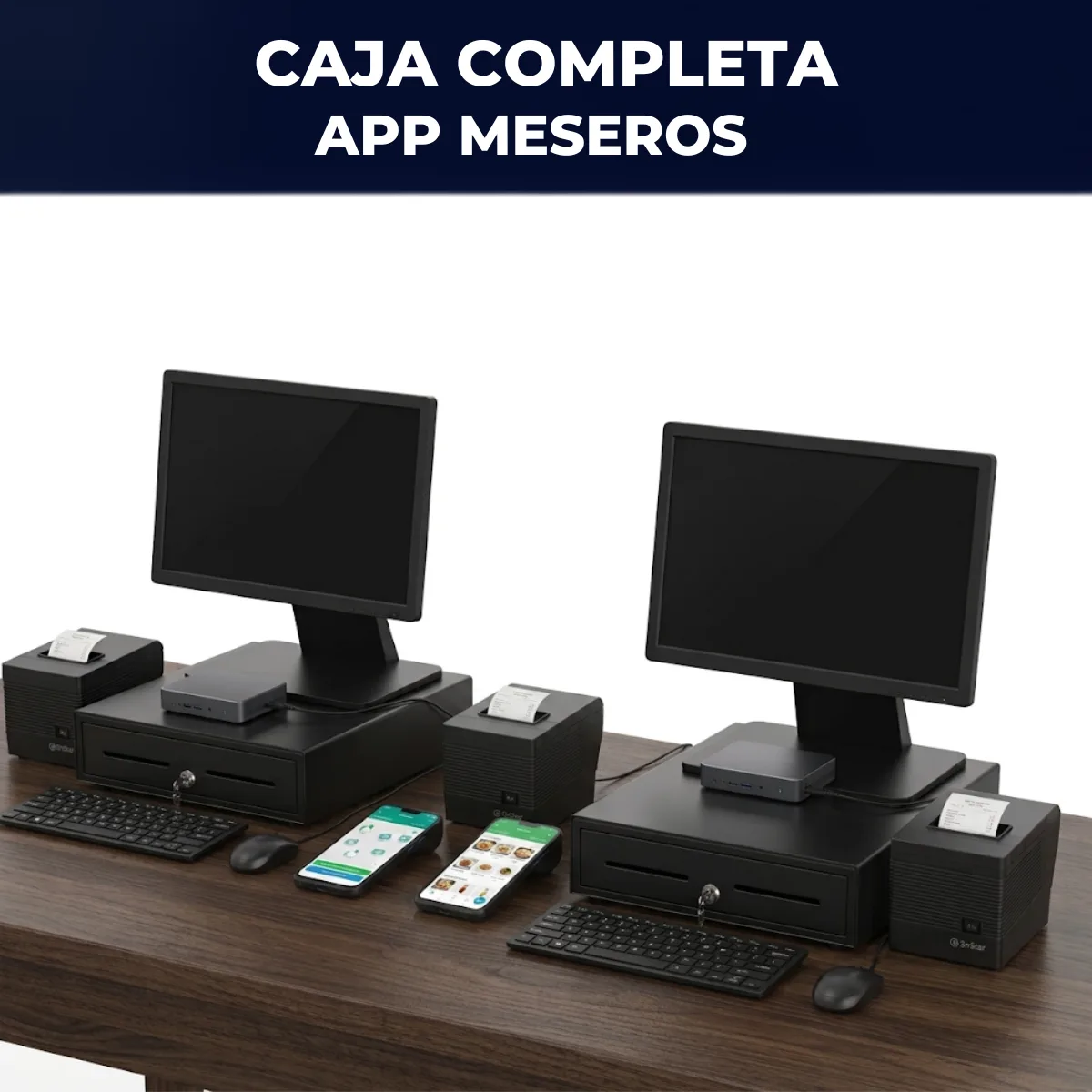 Combo Gastronómico Dúo PC: 2 Cajas Completas + App Meseros + 3 Impresoras + Software